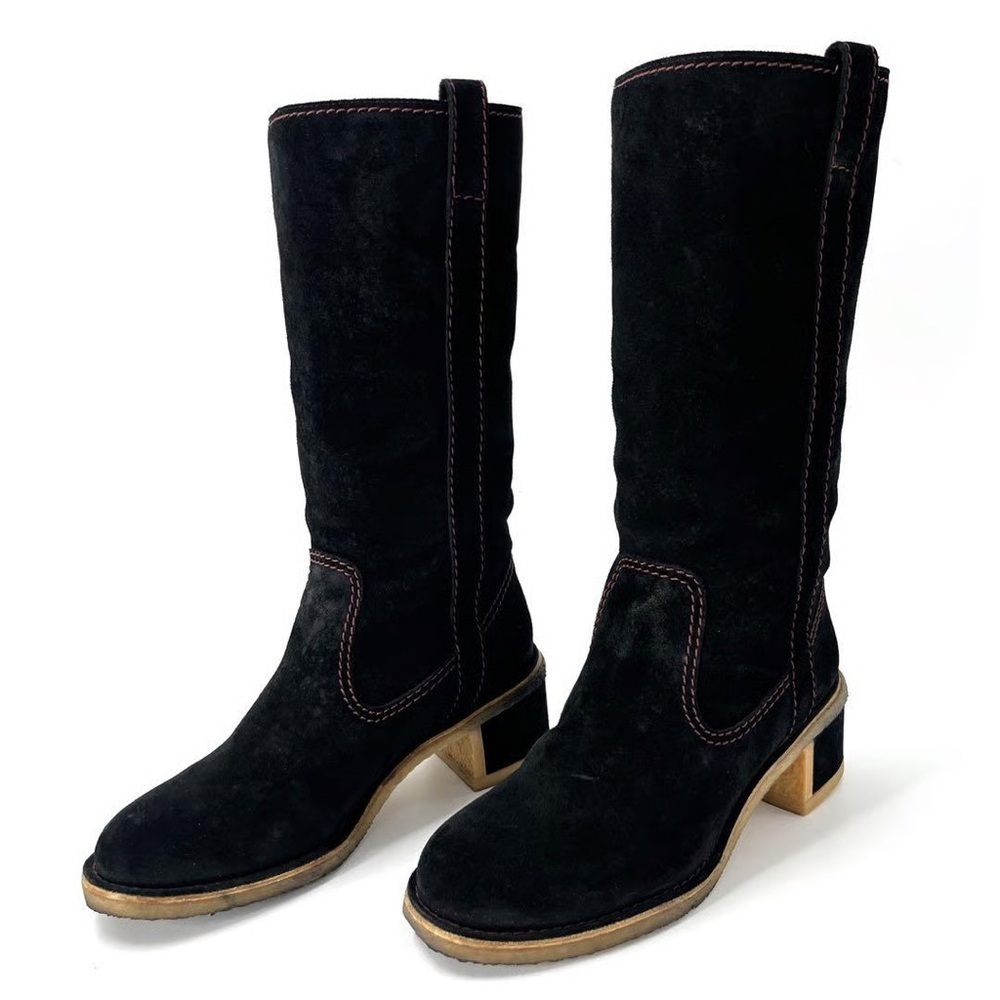 Chanel Mid Calf Block Heel Black Suede Pink Stitching Boots Size 37.5